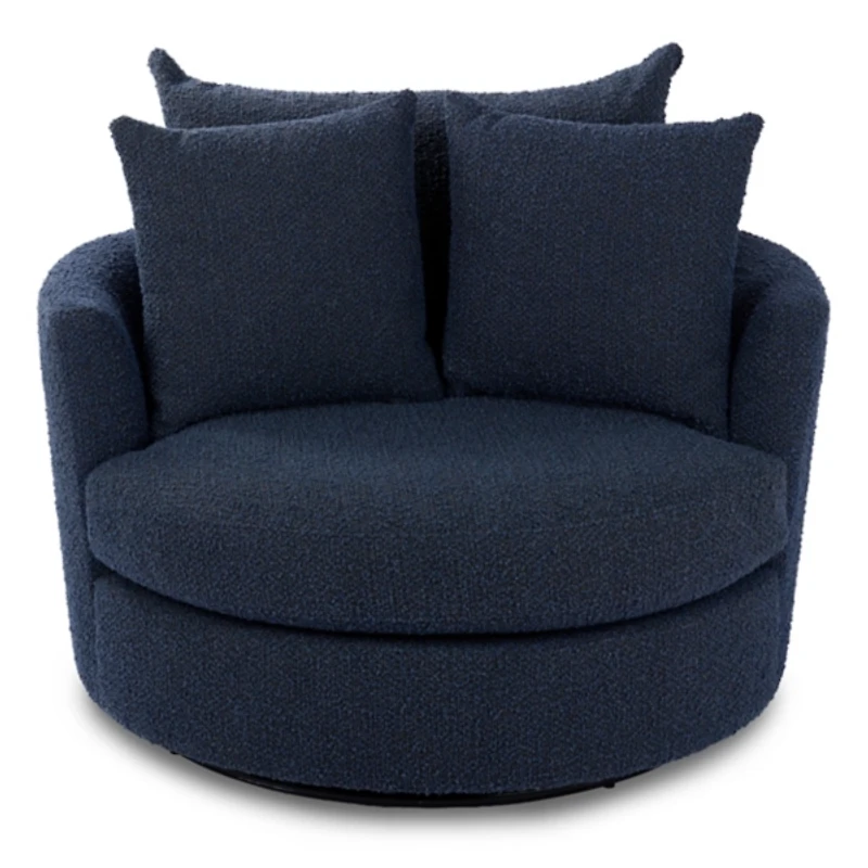 Round Navy Blue Boucle Swivel Accent Chair
