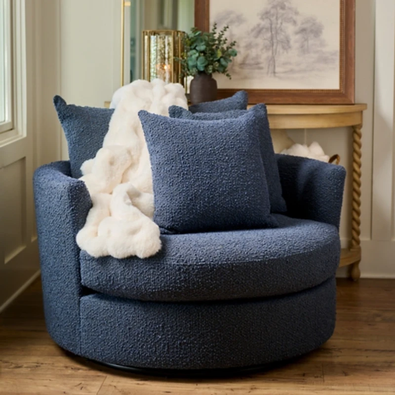 Round Navy Blue Boucle Swivel Accent Chair