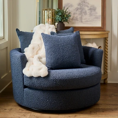 Round Navy Blue Boucle Swivel Accent Chair