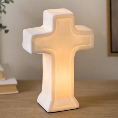 Ivory Ceramic Cross Tabletop Night Light