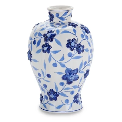 Blue Floral Ceramic Vase, 10 in.