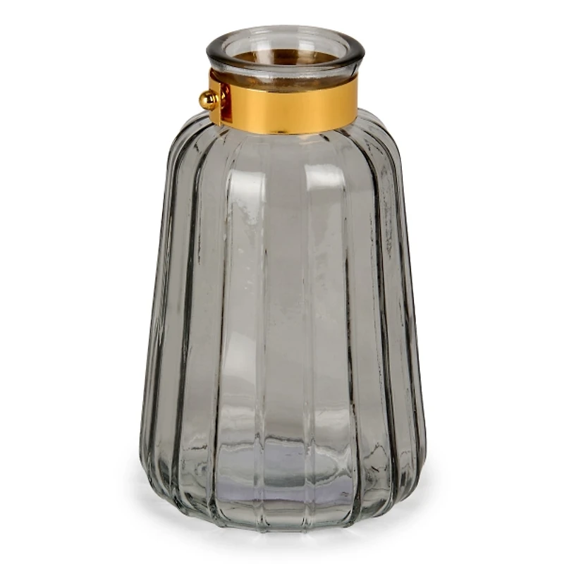 Ribbed Glass Vase with Metal Handle