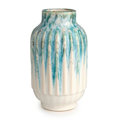 Blue Drip Glaze Ribbed Ceramic Vase