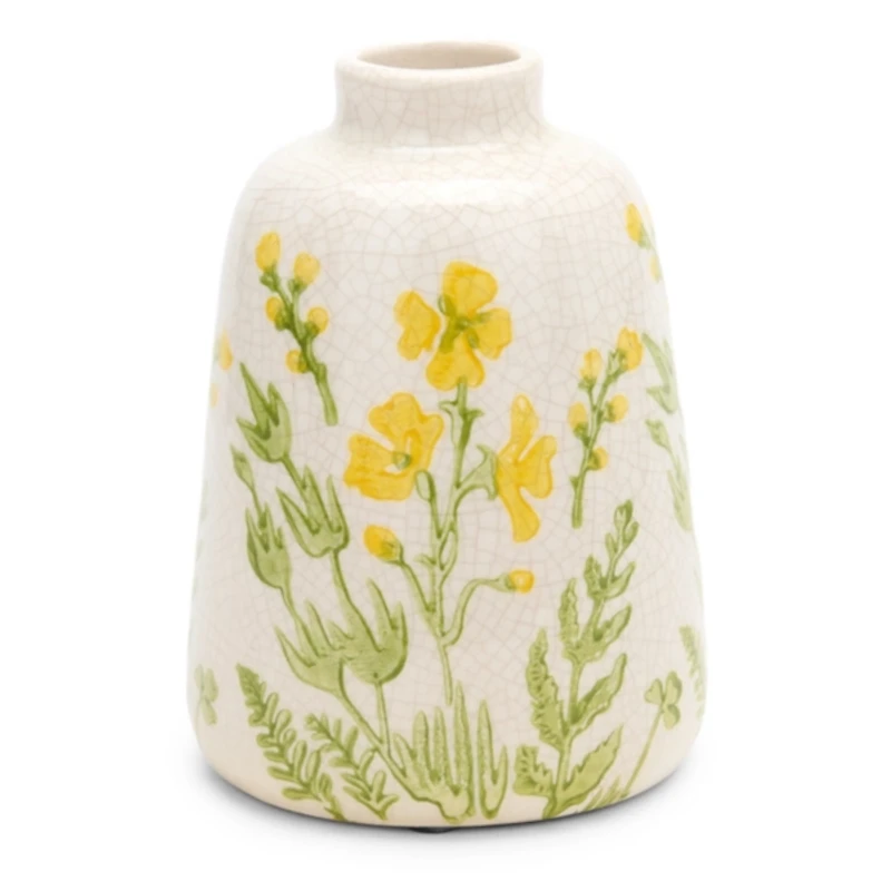 Yellow Floral Ceramic Vase, 7 in.