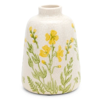 Yellow Floral Ceramic Vase, 7 in.
