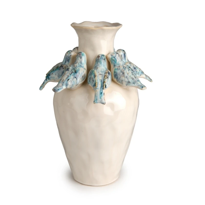 Cream Ceramic Vase with Blue Birds