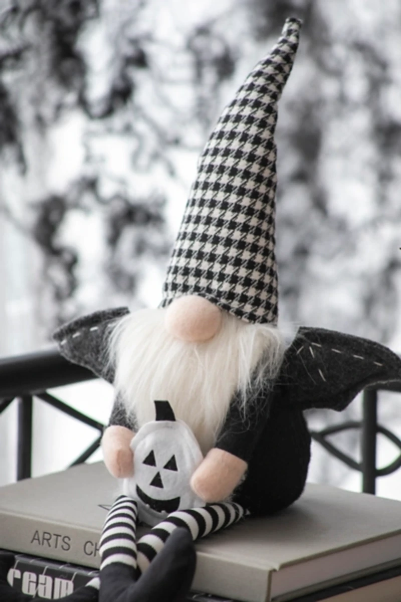 Black & White Halloween Gnome with Bat Wings