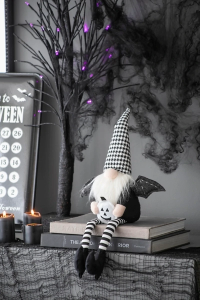 Black & White Halloween Gnome with Bat Wings