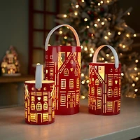 Red Metal House Christmas Lanterns, Set of 2