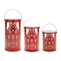 Red Metal House Christmas Lanterns, Set of 2