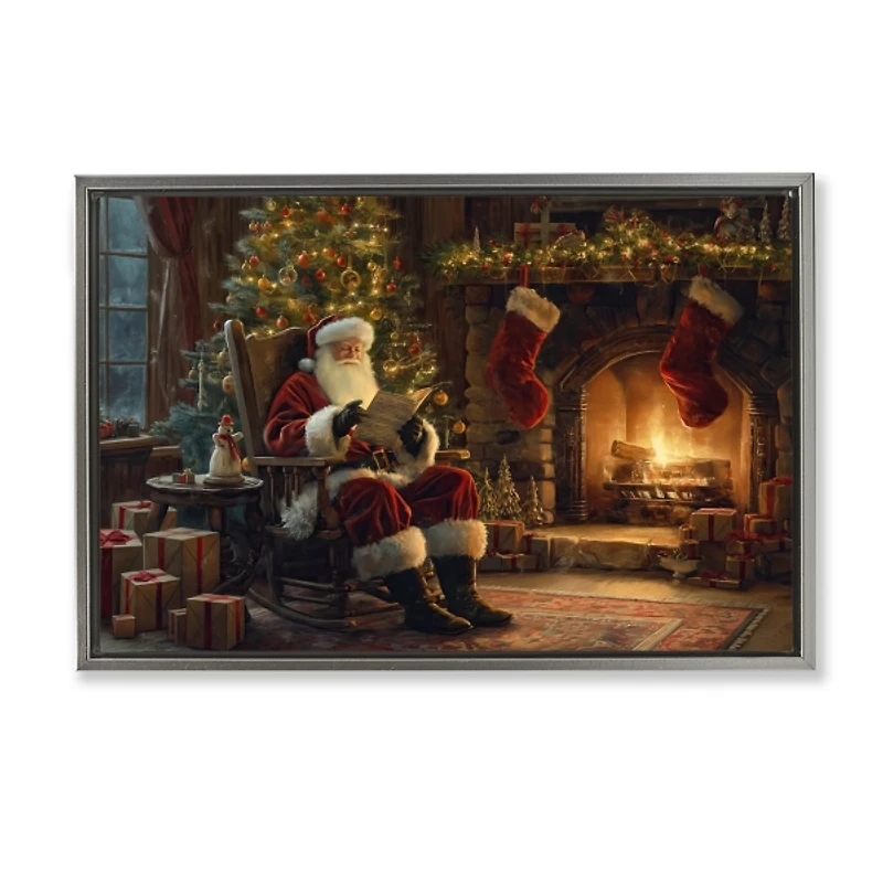 Santa Claus by the Fire Framed Canvas Art Print