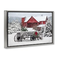 Winter Wagon and Barn Framed Canvas Art Print
