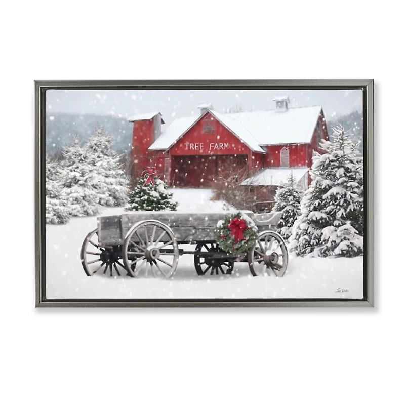 Winter Wagon and Barn Framed Canvas Art Print
