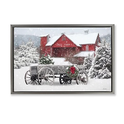 Winter Wagon and Barn Framed Canvas Art Print