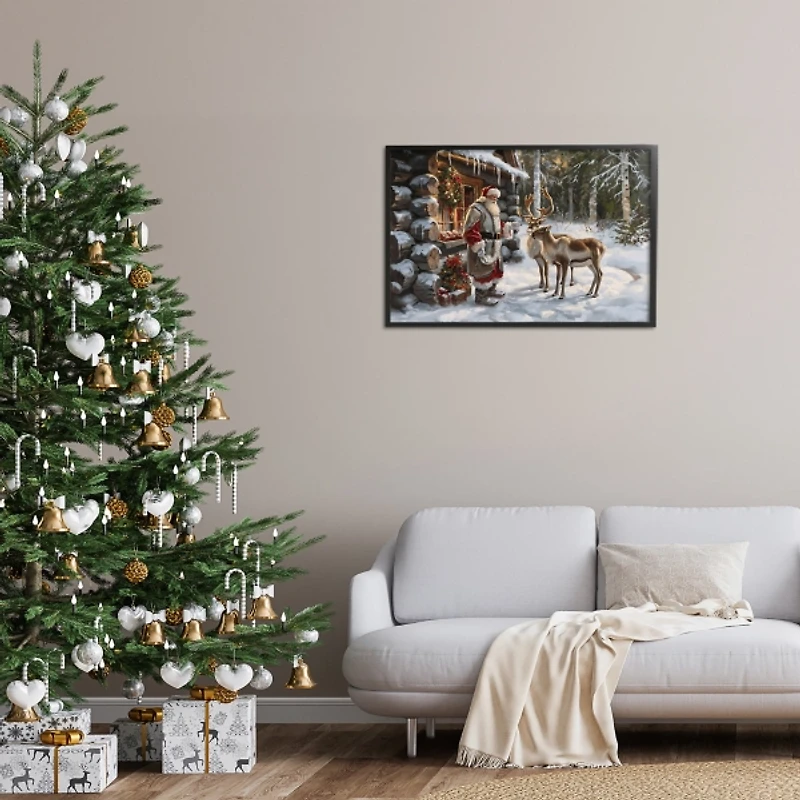 Santas Cabin with Reindeer Framed Art Print