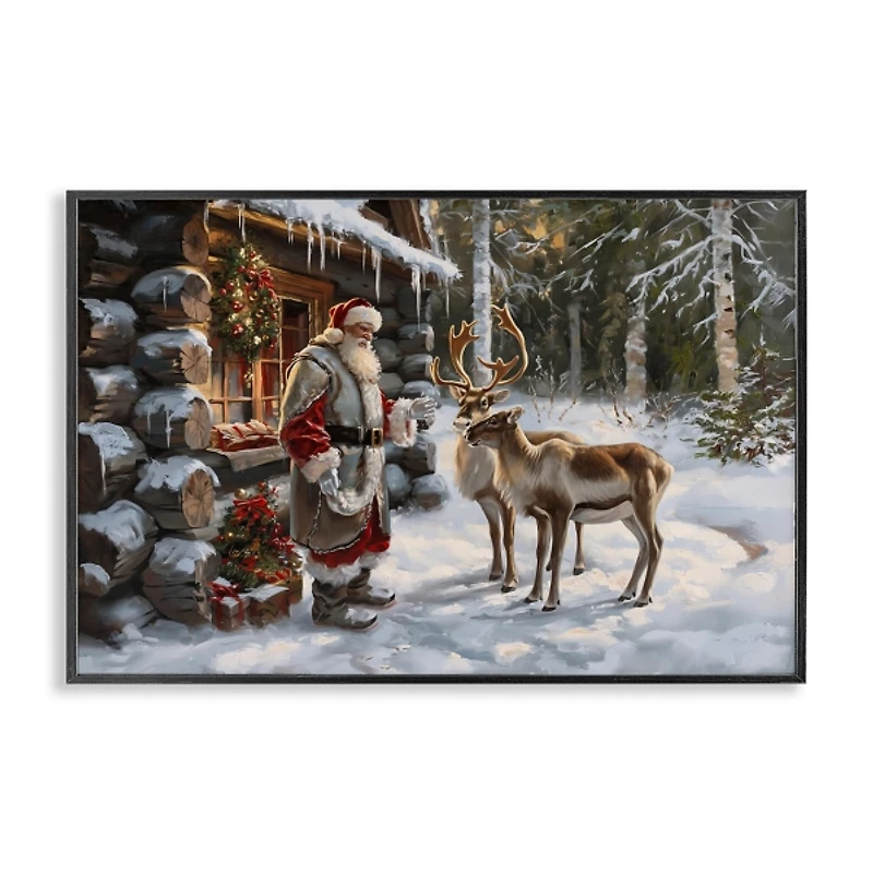 Santas Cabin with Reindeer Framed Art Print