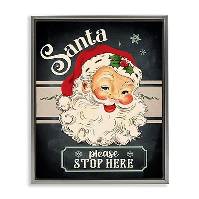 Vintage Santa Stop Here Framed Canvas Art Print