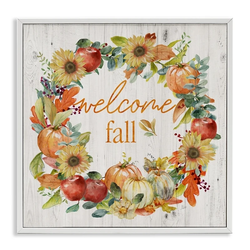 Welcome Fall Wreath White Framed Wall Plaque