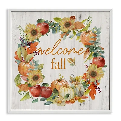 Welcome Fall Wreath White Framed Wall Plaque
