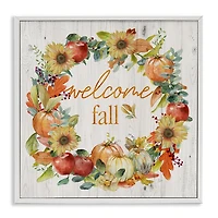 Welcome Fall Wreath White Framed Wall Plaque