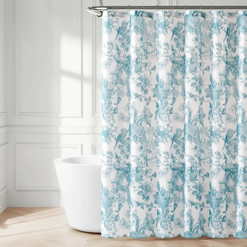 Blue Bird and Hydrangea Toile Shower Curtain