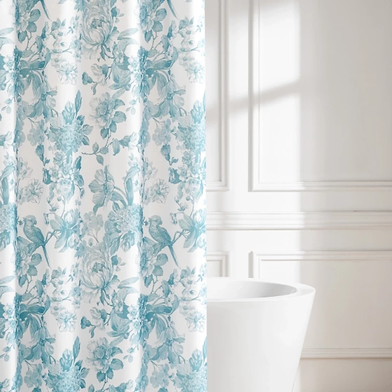 Blue Bird and Hydrangea Toile Shower Curtain