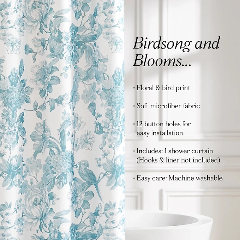 Blue Bird and Hydrangea Toile Shower Curtain