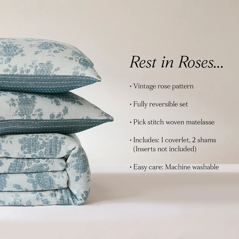 Blue Rose Garden 3-pc. Full/Queen Coverlet Set
