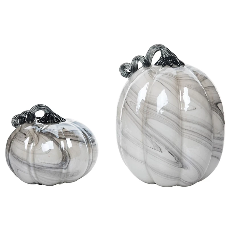 Gray Glass Marble Pumpkin Figurines, Set of 2