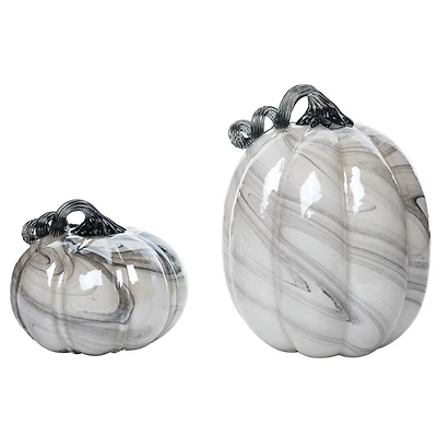 Gray Glass Marble Pumpkin Figurines, Set of 2