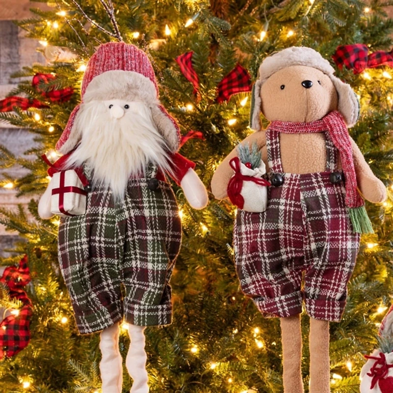 Plush Plaid Santa and Bear Figurines, Set of 2