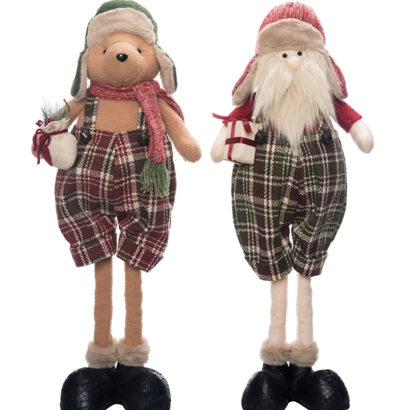 Plush Plaid Santa and Bear Figurines, Set of 2