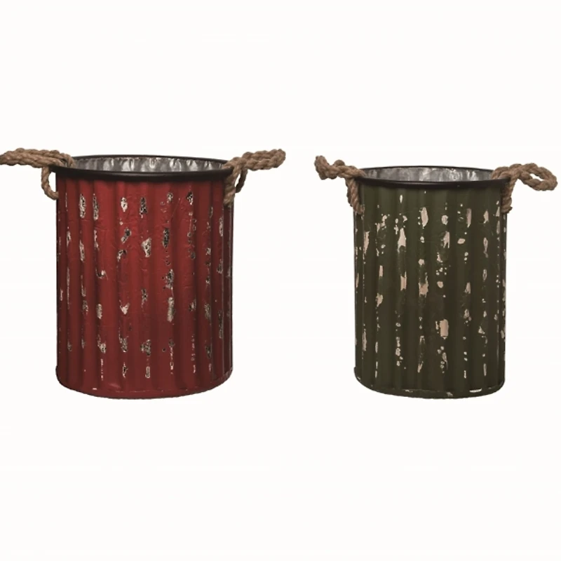 Distressed Red & Green Metal Buckets, Set of 2