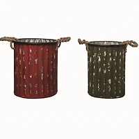 Distressed Red & Green Metal Buckets, Set of 2
