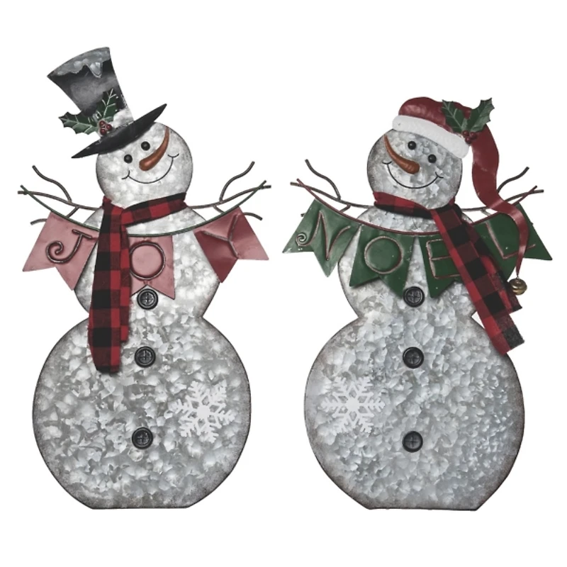 Metal Snowman Figurines with Banners, Set of 2