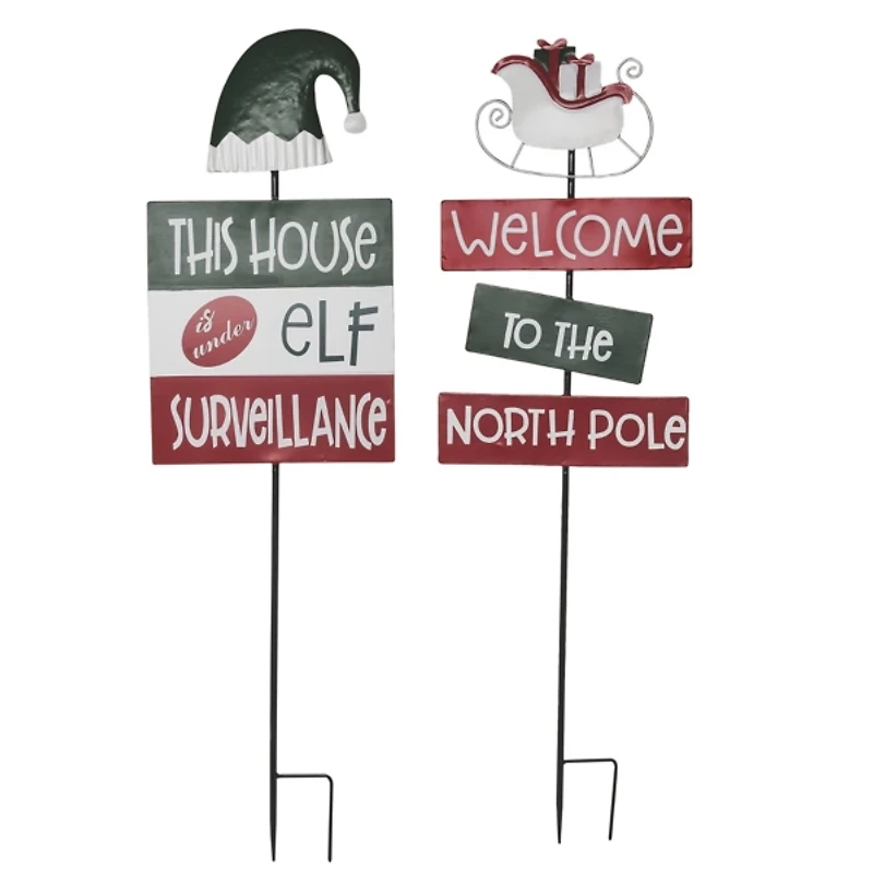 Metal Elf and North Pole Yard Stakes, Set of 2