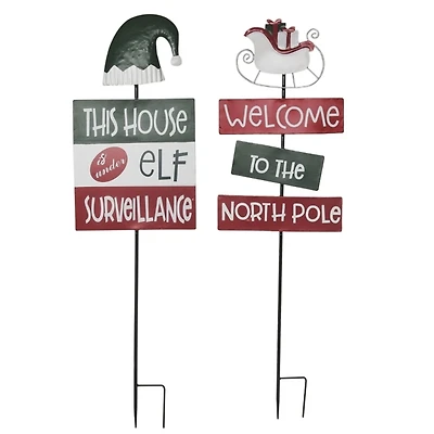 Metal Elf and North Pole Yard Stakes, Set of 2