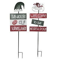 Metal Elf and North Pole Yard Stakes, Set of 2