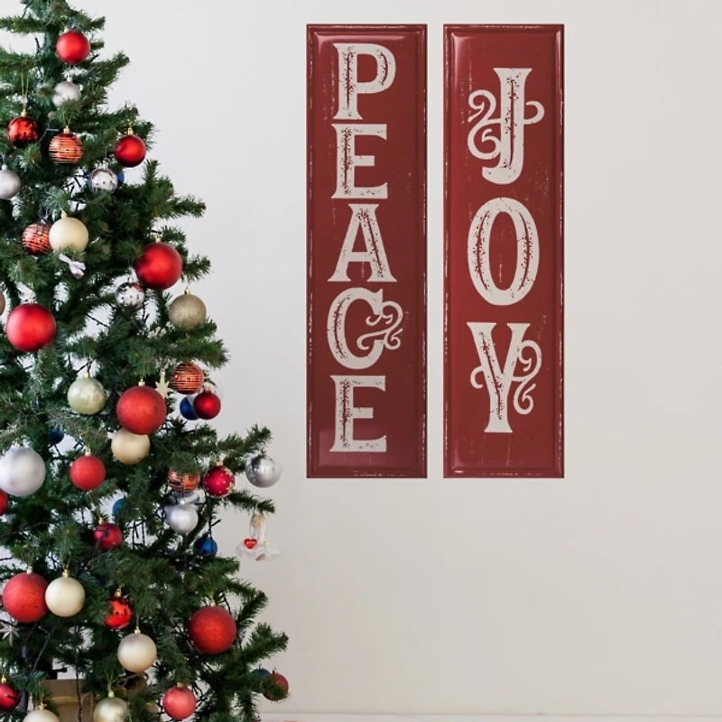 Red Metal Peace and Joy Wall Plaques, Set of 2