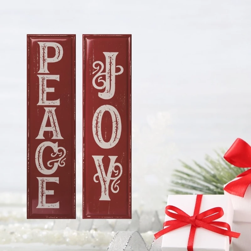 Red Metal Peace and Joy Wall Plaques, Set of 2