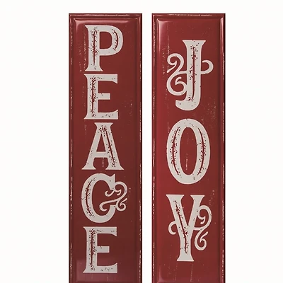 Red Metal Peace and Joy Wall Plaques, Set of 2