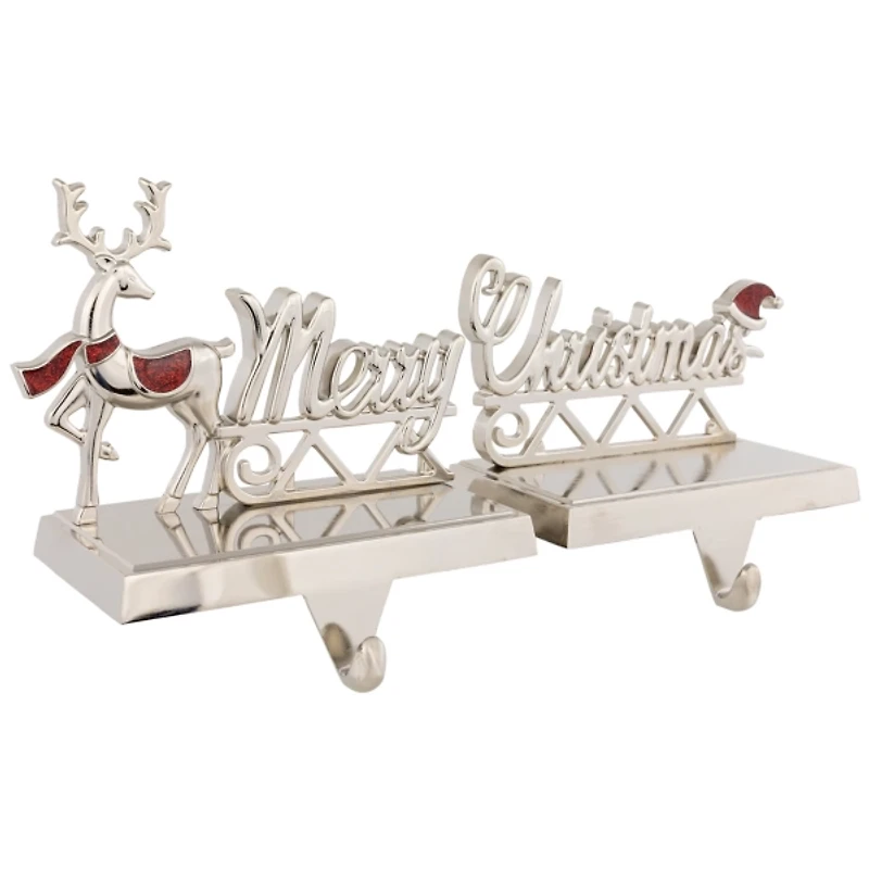 Silver Merry Christmas Stocking Holders, Set of 2