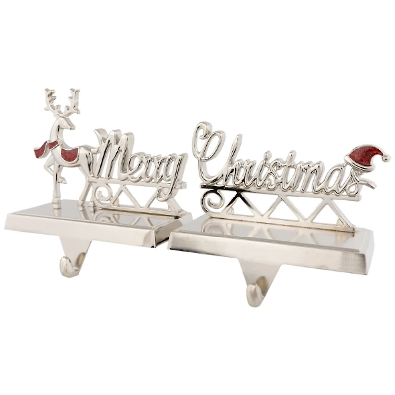 Silver Merry Christmas Stocking Holders, Set of 2