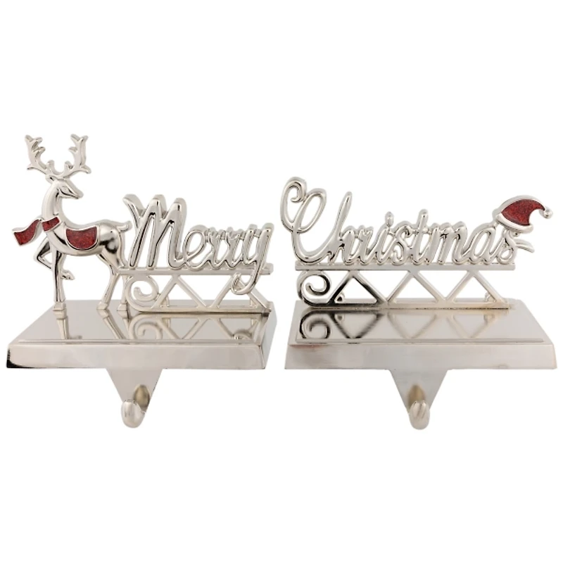 Silver Merry Christmas Stocking Holders, Set of 2