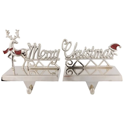 Silver Merry Christmas Stocking Holders, Set of 2