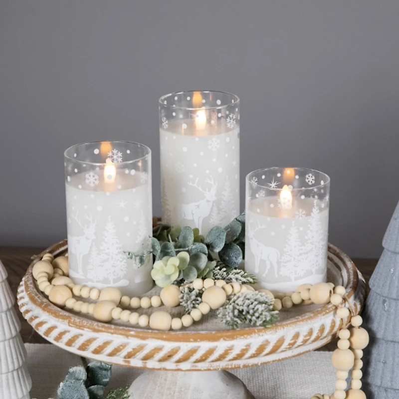 LED Snowy Woodland Glass Pillar Candles, Set of 3