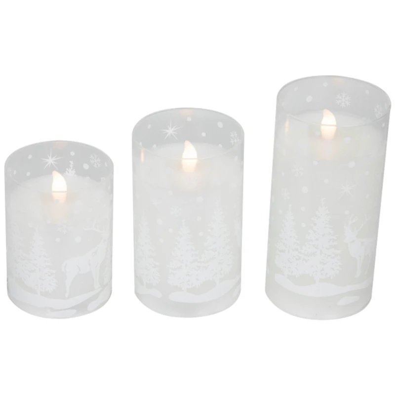 LED Snowy Woodland Glass Pillar Candles, Set of 3