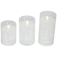 LED Snowy Woodland Glass Pillar Candles, Set of 3