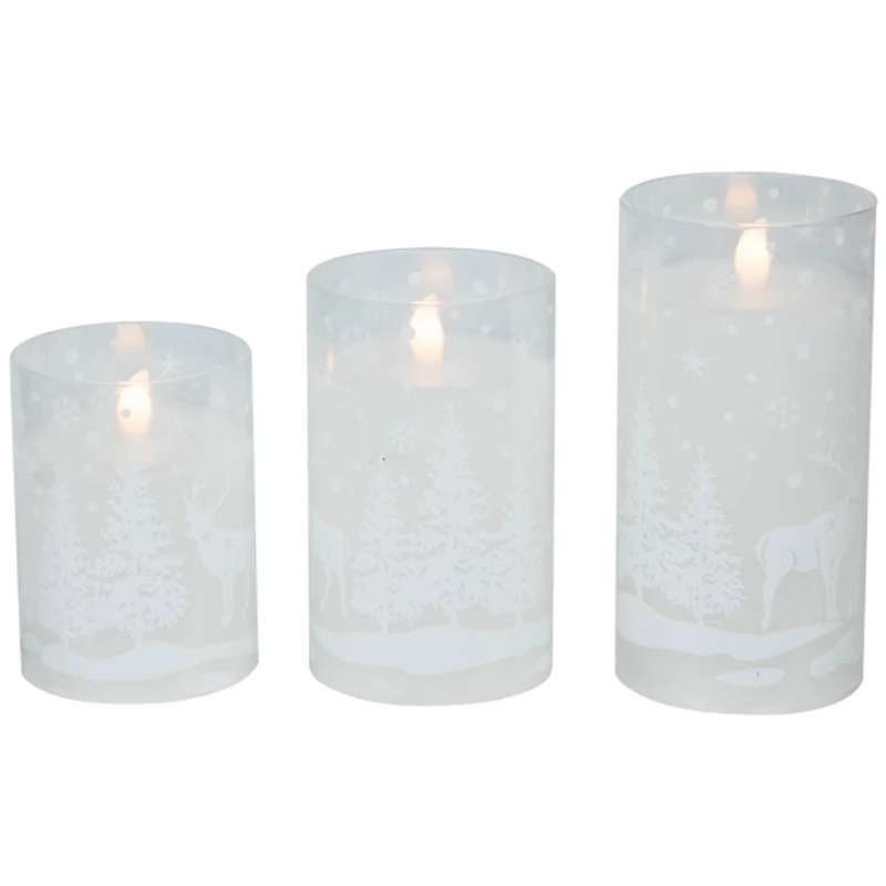 LED Snowy Woodland Glass Pillar Candles, Set of 3