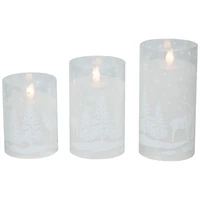 LED Snowy Woodland Glass Pillar Candles, Set of 3
